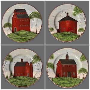 Vintage Sakura Set of (4) BARNS by Warren Kimble 8" Salad Dessert Plates